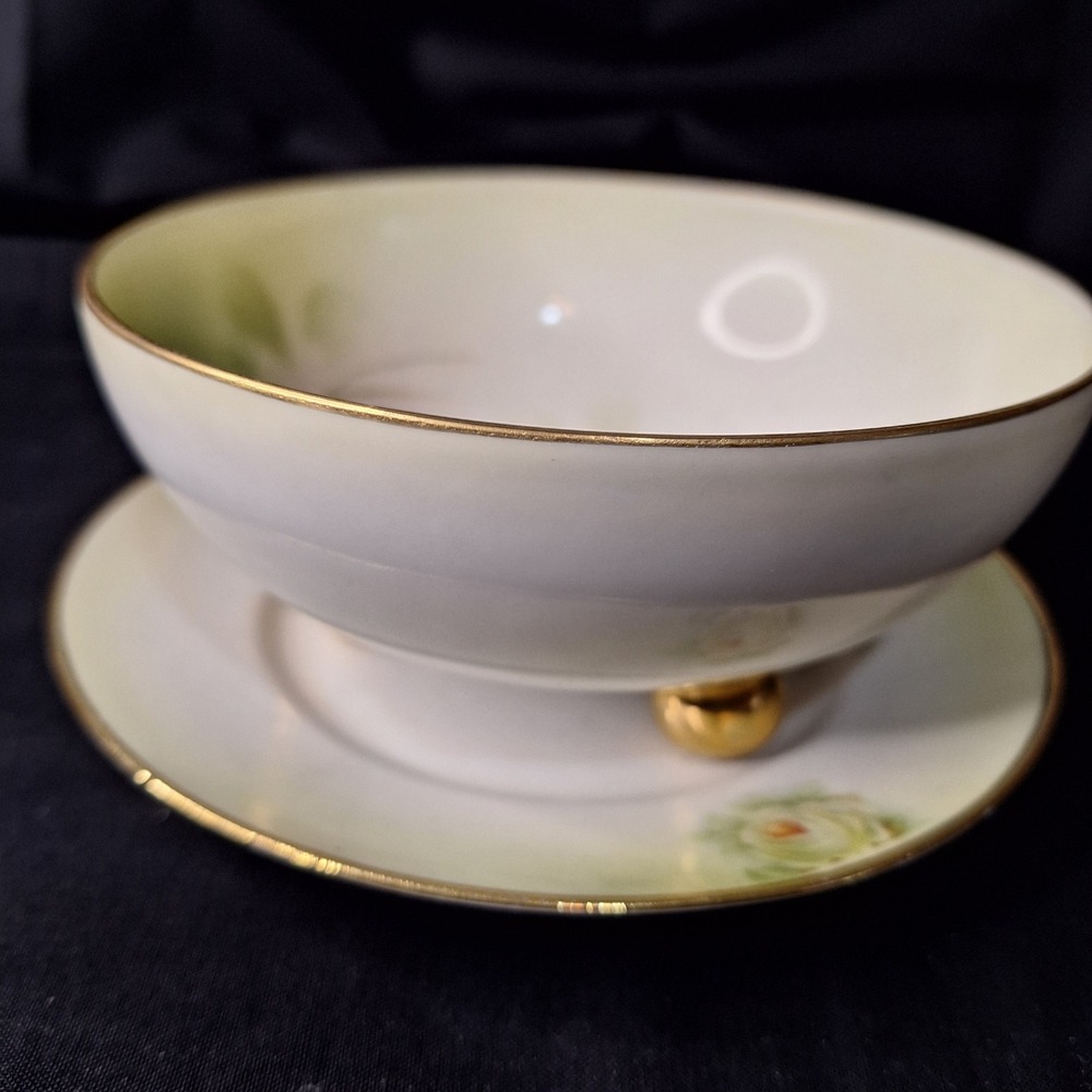 Royal Rudolstadt Prussia Footed Bowl and Saucer Antique White Rose Gold Trim‎